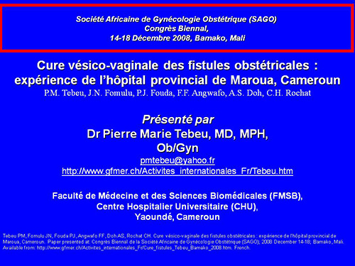 Cure vésico-vaginale des fistules obstétricales : expérience de l’hôpital provincial de Maroua, Cameroun - Pierre Marie Tebeu