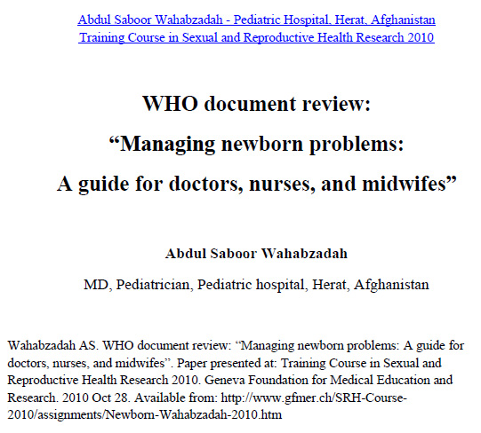 WHO document review: “Managing newborn problems: A guide for doctors, nurses, and midwifes” - Abdul Saboor Wahabzadah